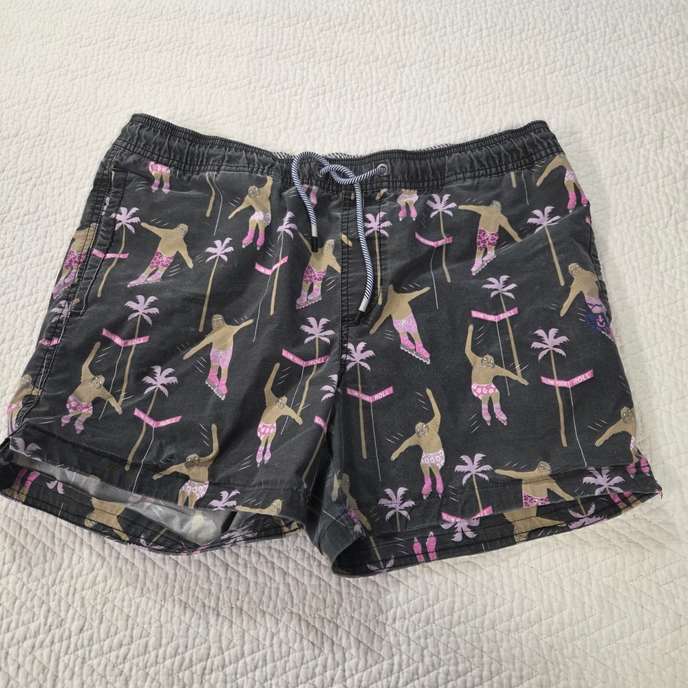 Party Pants Mens Large Black Roller Skating Sloth Board Shorts Swim Trunks